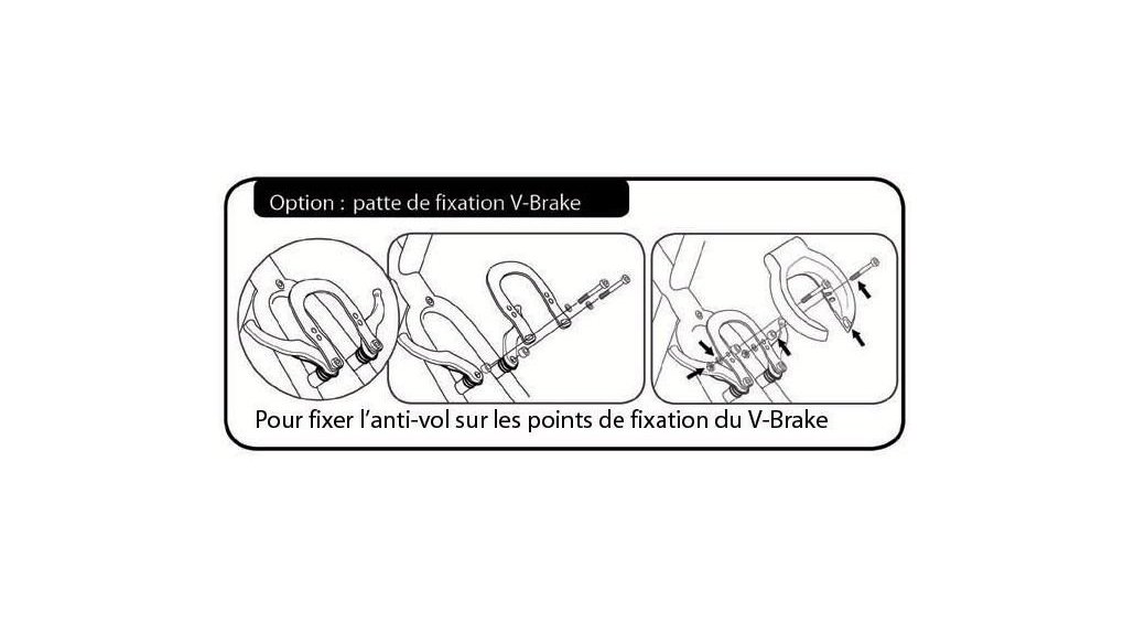 Fixation sur tasseau de frein V-Brake pour un antivol de cadre Axa Defender ou Solid