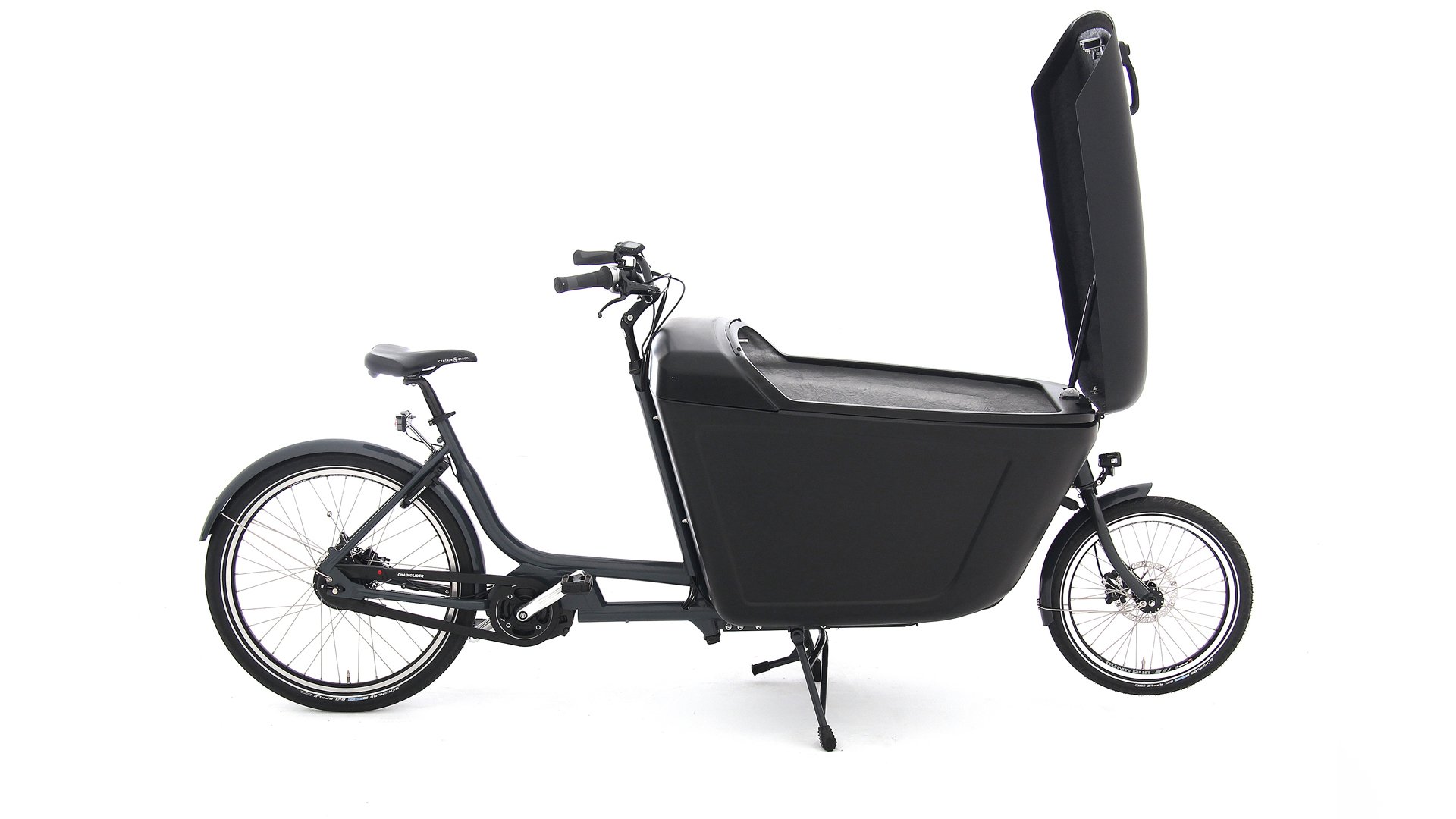 Biporteur Babboe Pro noir avec coffre ouvert