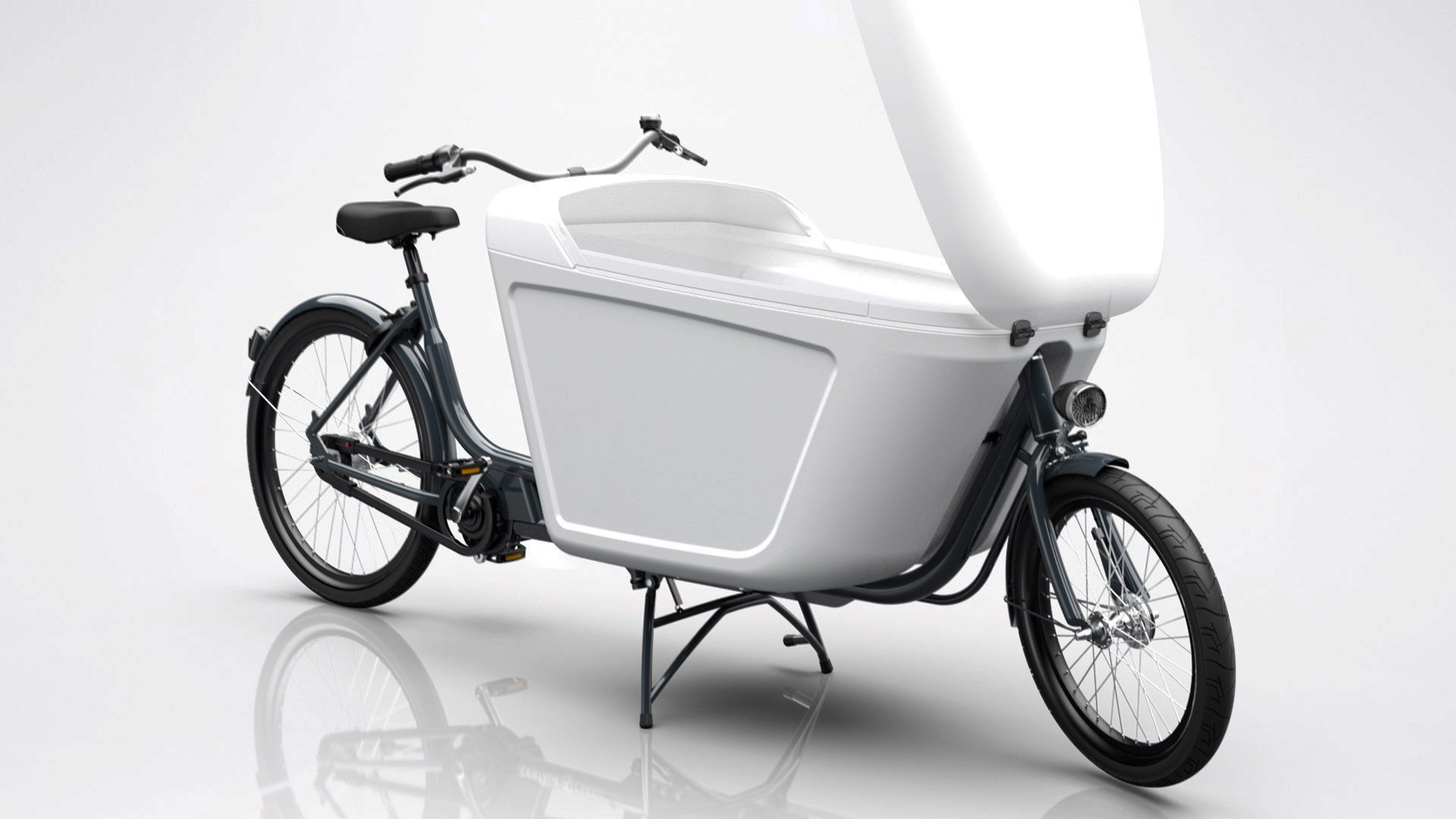 Biporteur Babboe Pro blanc avec coffre ouvert