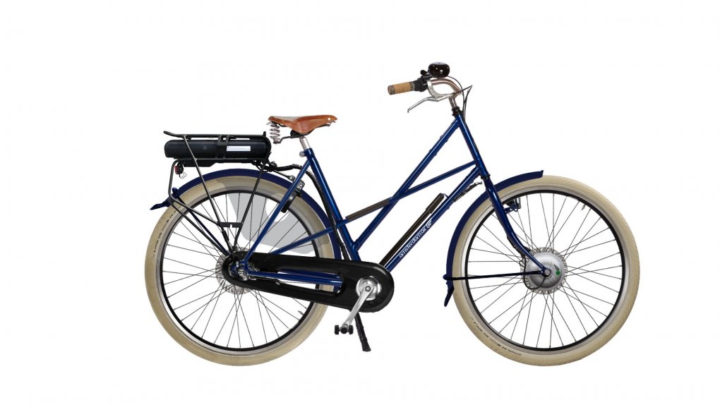 Vélo électrique Cross Low Premium avec cadre bleu cargo et selle cuir Brooks