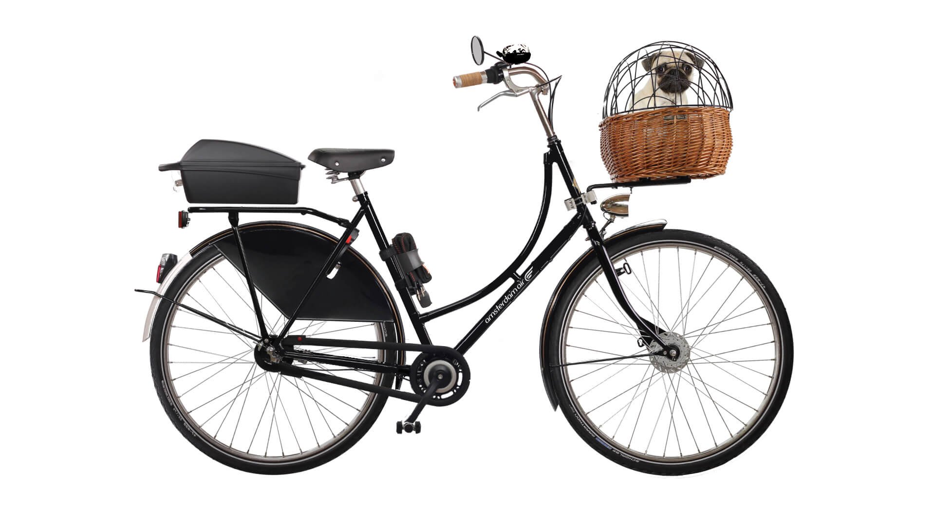 Panier installé sur le vélo avec chien à l'intérieur