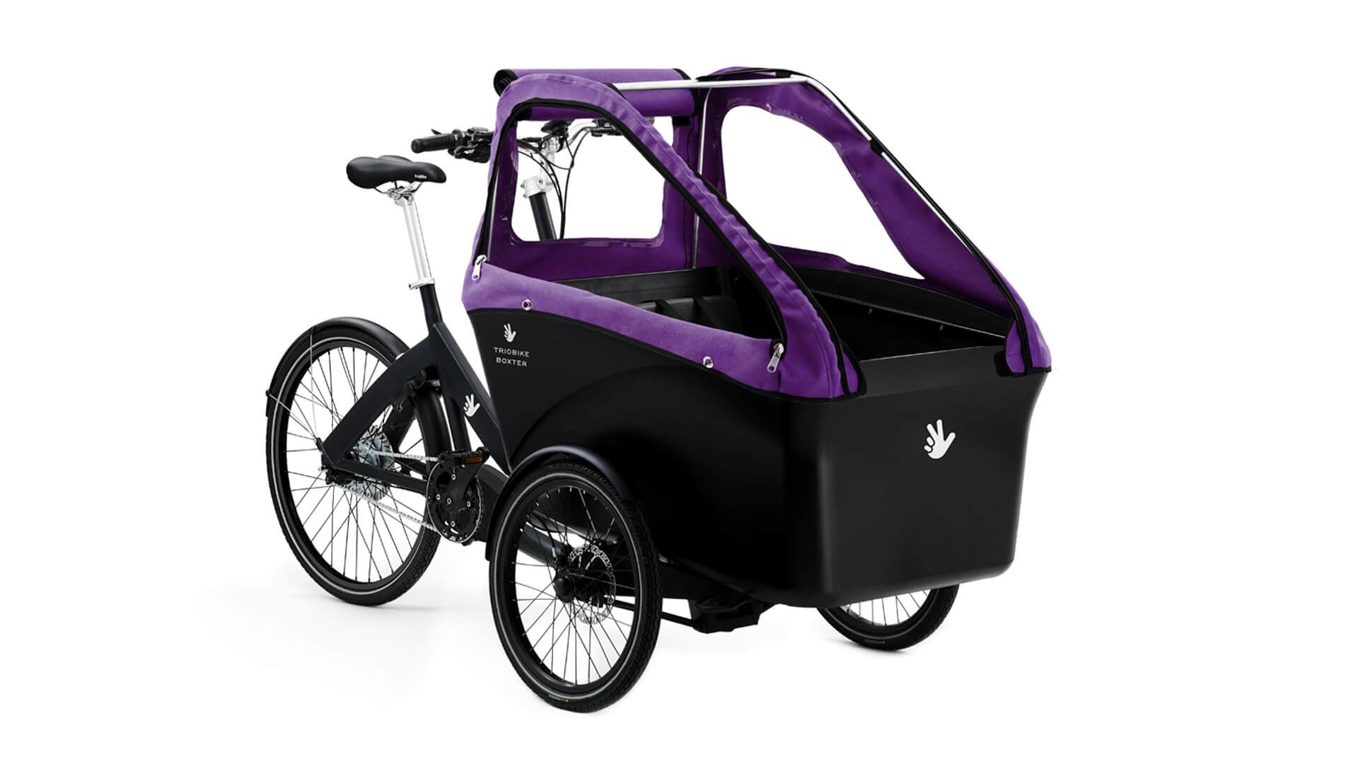 Triporteur E-Boxter moteur pédalier avec tente de pluie violette