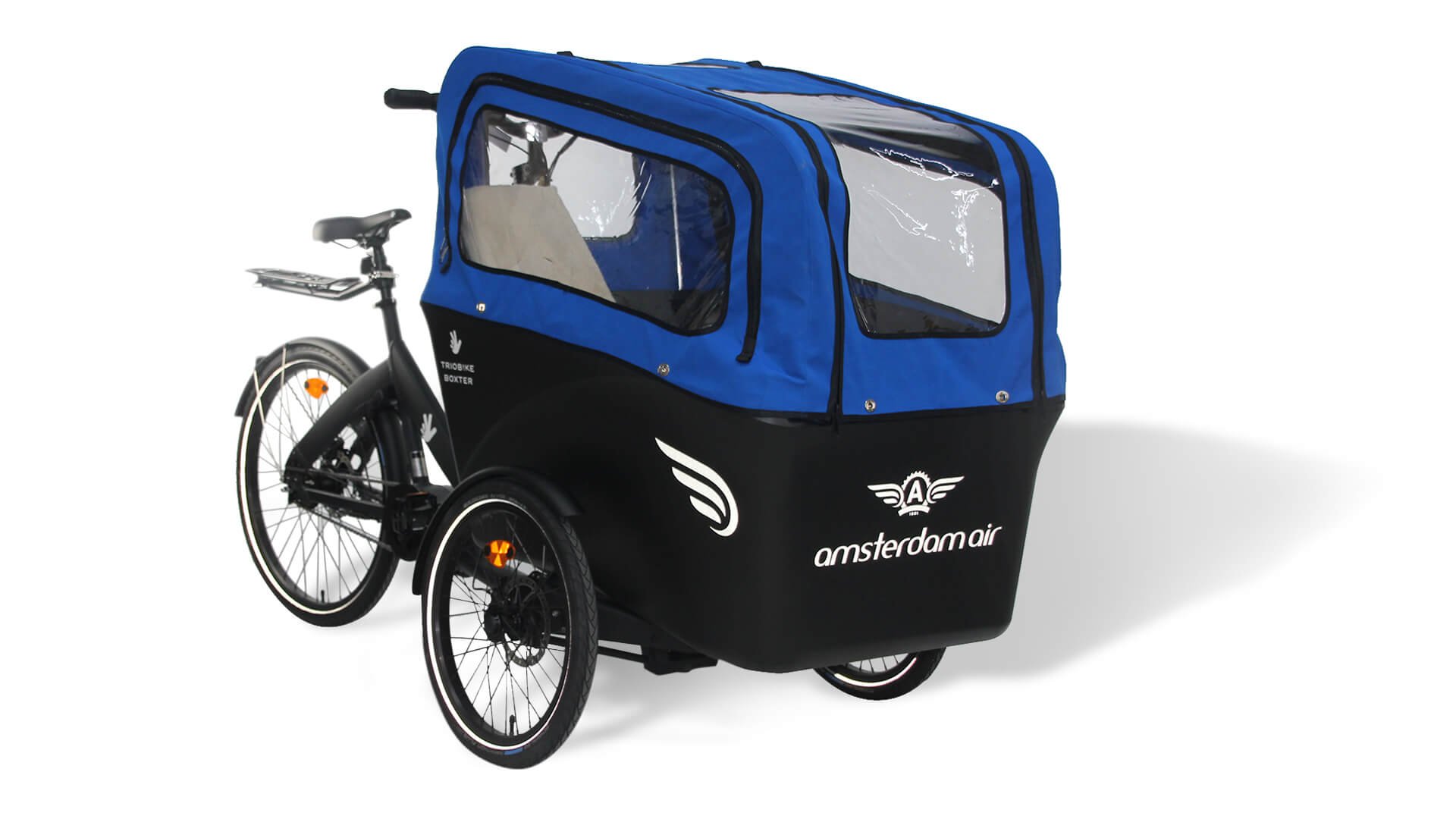 Triporteur électrique Triobike E-Boxter avec grande tente bleue et porte-bagage arrière 