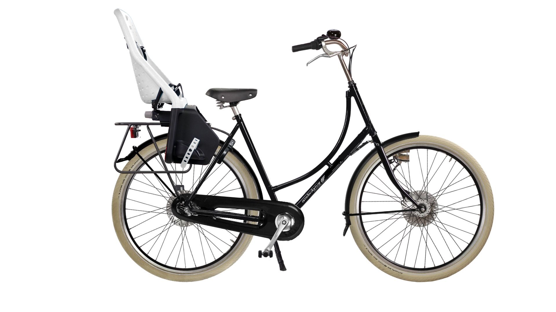 Yepp Maxi blanc sur vélo hollandais Oma Premium équipé d'un porte-bagage long Yepp