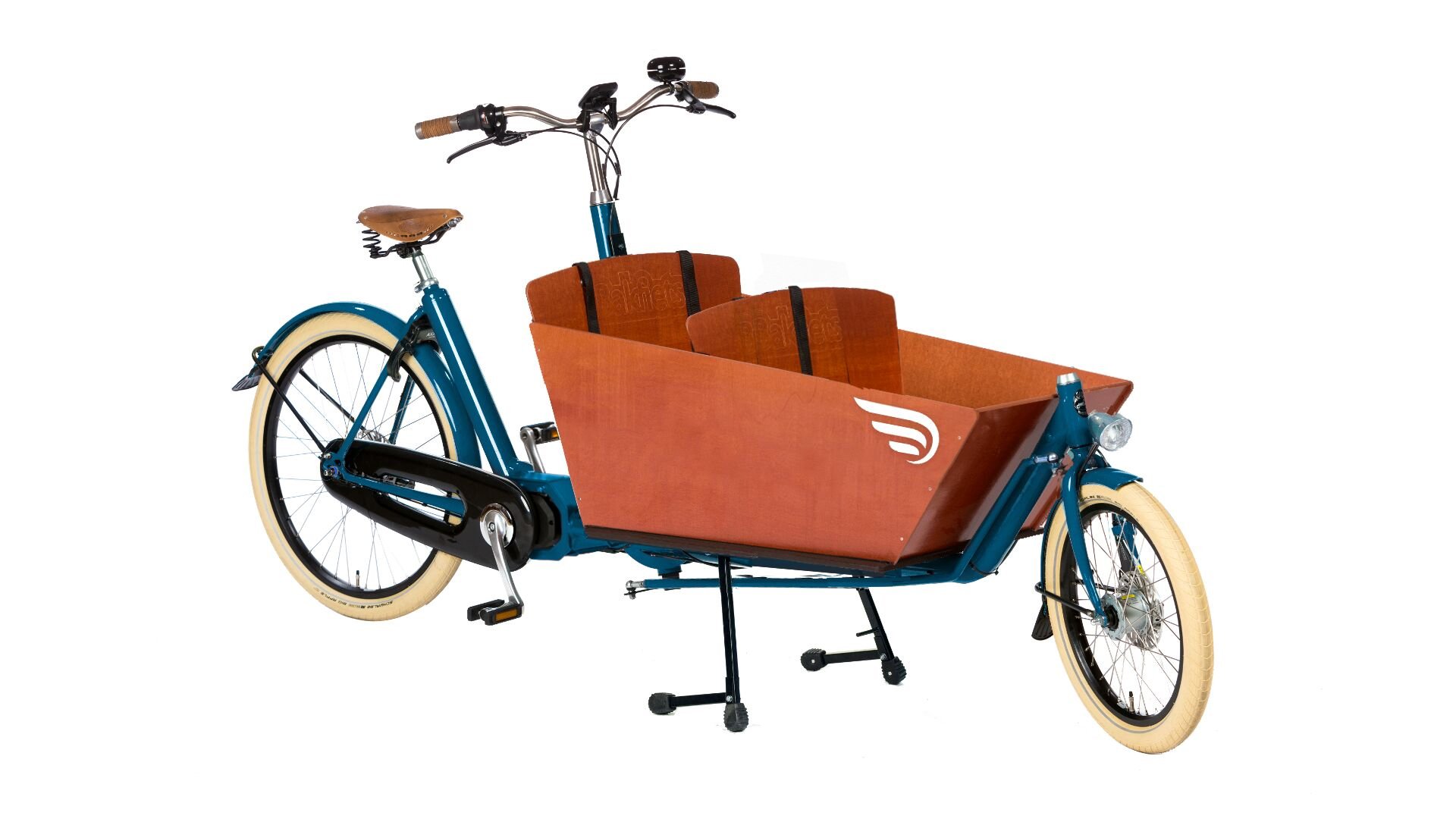 Biporteur électrique Bakfiets Confort STEPS avec cadre bleu et banc supplémentaire