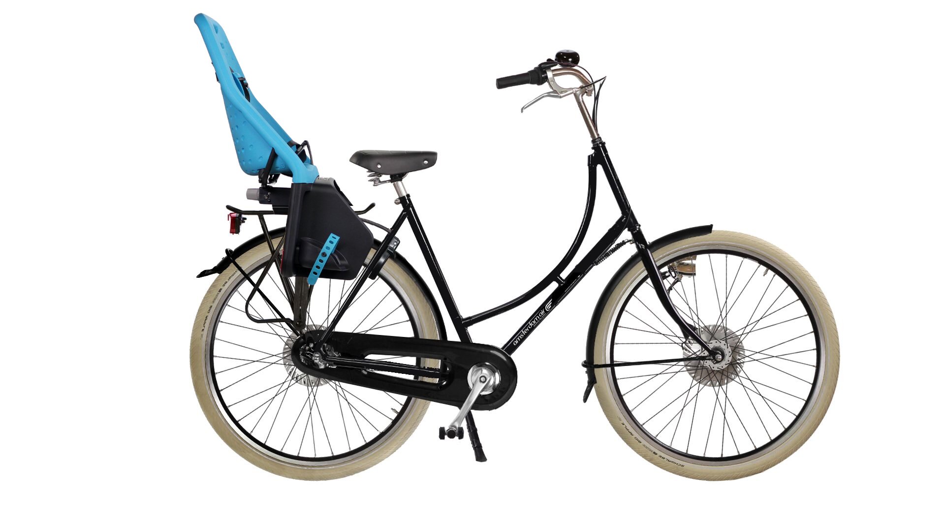 Yepp Maxi bleu sur vélo hollandais Oma Premium équipé d'un porte-bagage classique