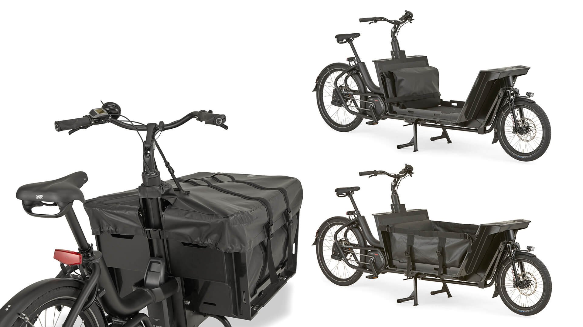 Vues variées du biporteur Urban Arrow Cargo Toploader Duffle Bag L
