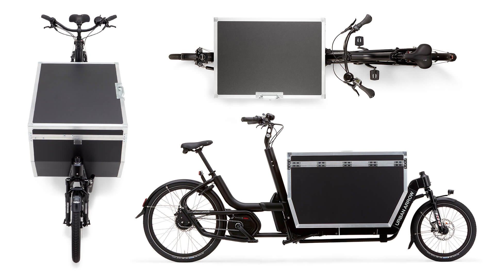 Vues variées du biporteur Urban Arrow Cargo L Flightcase