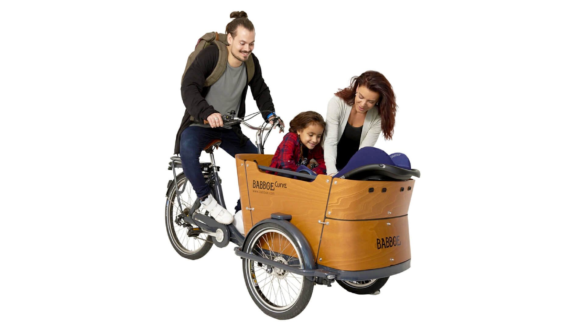 Triporteur électrique Babboe Curbe avec 2 enfants à bord