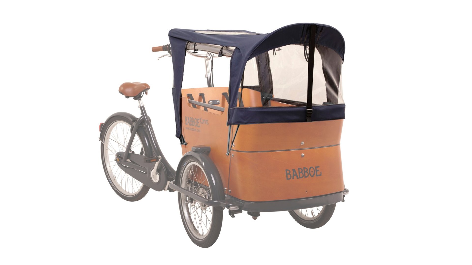 Triporteur Babboe Curve avec protection pluie bleue