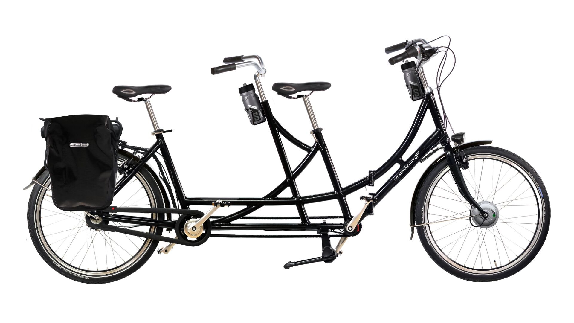 Tandem électrique pliant avec sacoche Ortlieb à l'arrière et selle amortisseur gel Relax