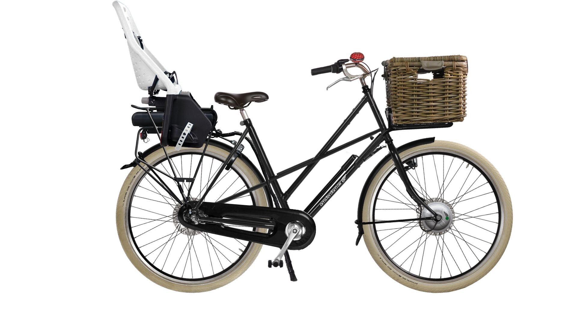 Vélo électrique Cross Low Premium avec batterie à l'arrière et panier accroché à la potence