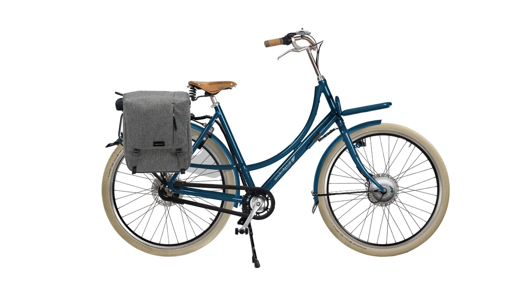 Vélo électrique Double Dutch bleu mat avec sacoche sur le porte-baagge arrière
