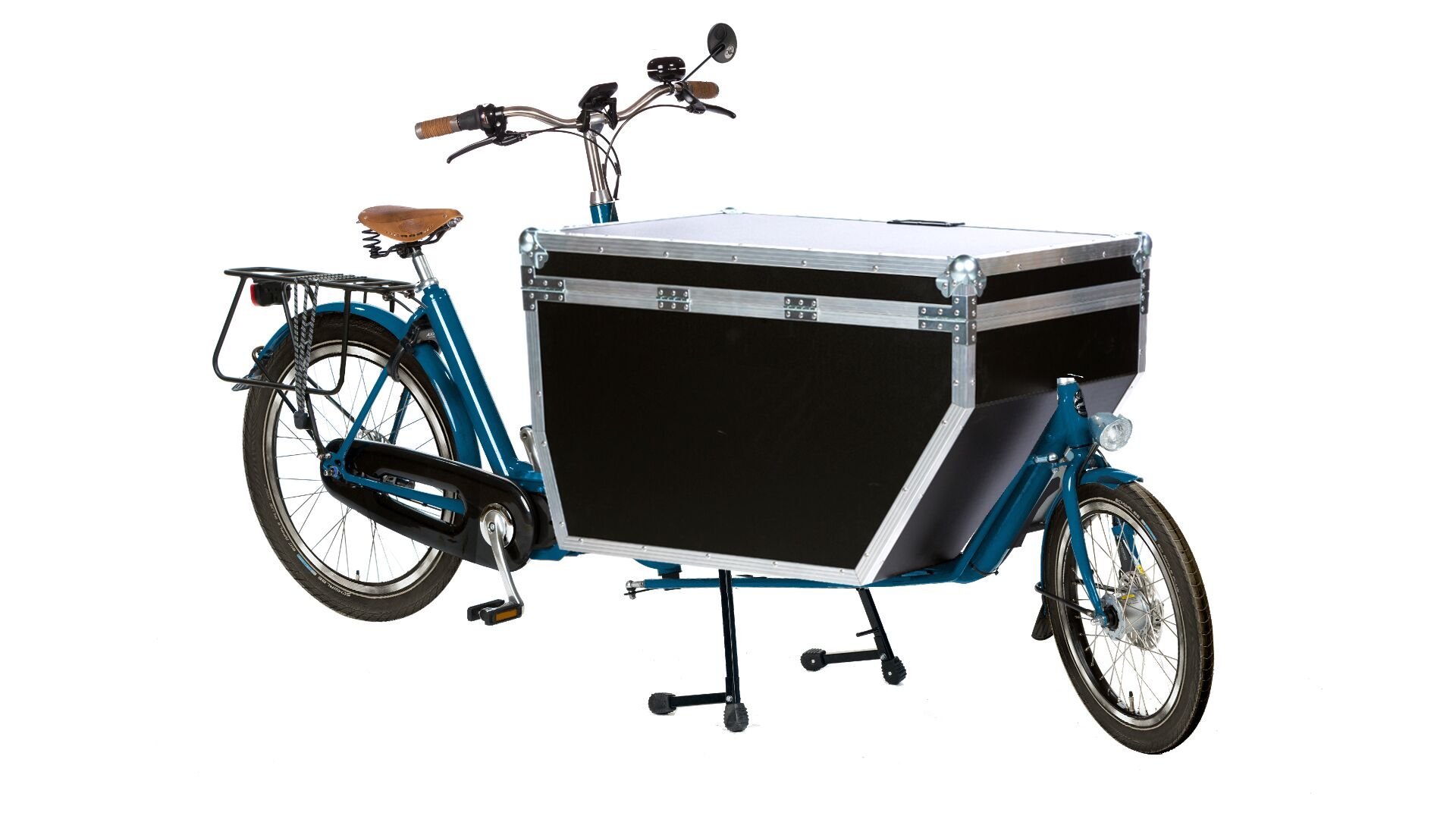 Biporteur Livreur électrique Bakfiets Flightcase STEPS avec cadre bleu et porte-bagage arrière
