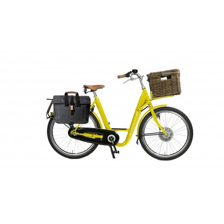 Docker Premium avec cadre jaune, malle sur le porte-bagage avant et sacoche sur le porte-bagage arrière