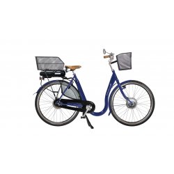 City Must Premium électrique avec cadre bleu, béquilmle double et paniers à l'avant et à l'arrière