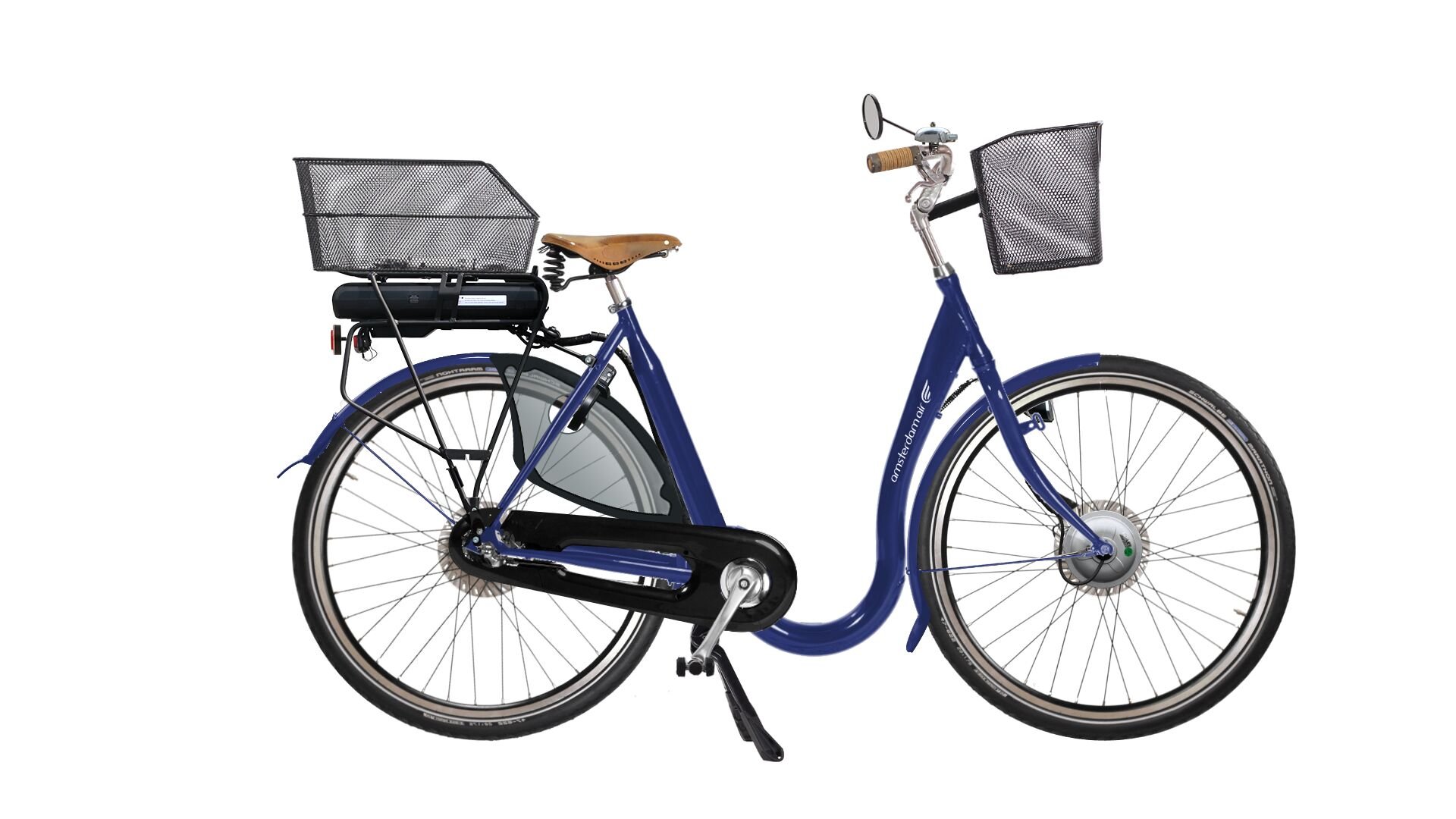 City Must Premium électrique avec cadre bleu, béquilmle double et paniers à l'avant et à l'arrière