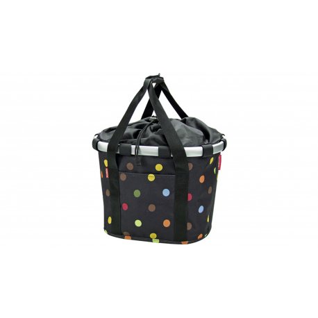 Panier de vélo noir à pois colorés 