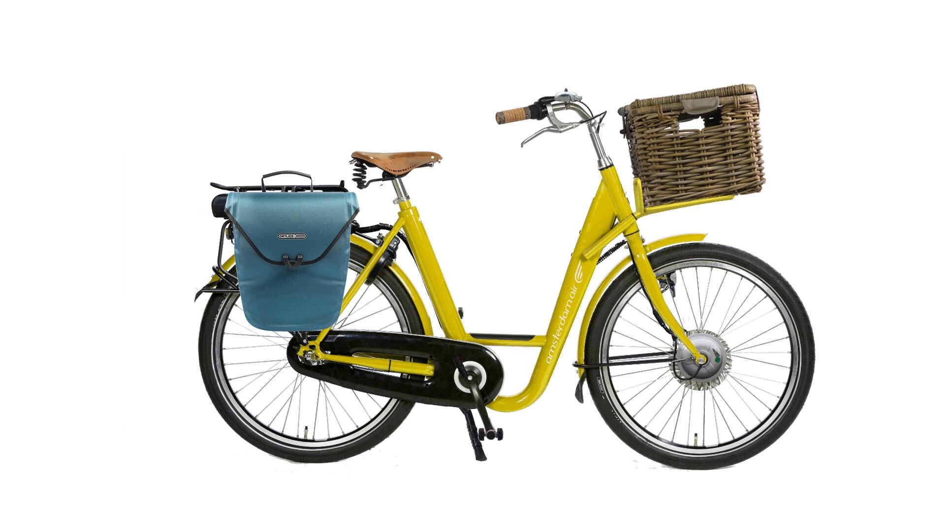 Docker Premium électrique avec cadre jaune, malle sur porte-bagage pick-up et sacoche sur le porte-bagage arière