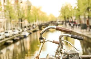 Close-up of bicycle in Amsterdam, The Netherlands.