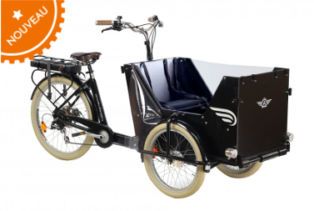 triporteur famille électrique Amsterdam Air avec coffre à enjambement bas pour faciliter l'accès à la caisse par les enfants.