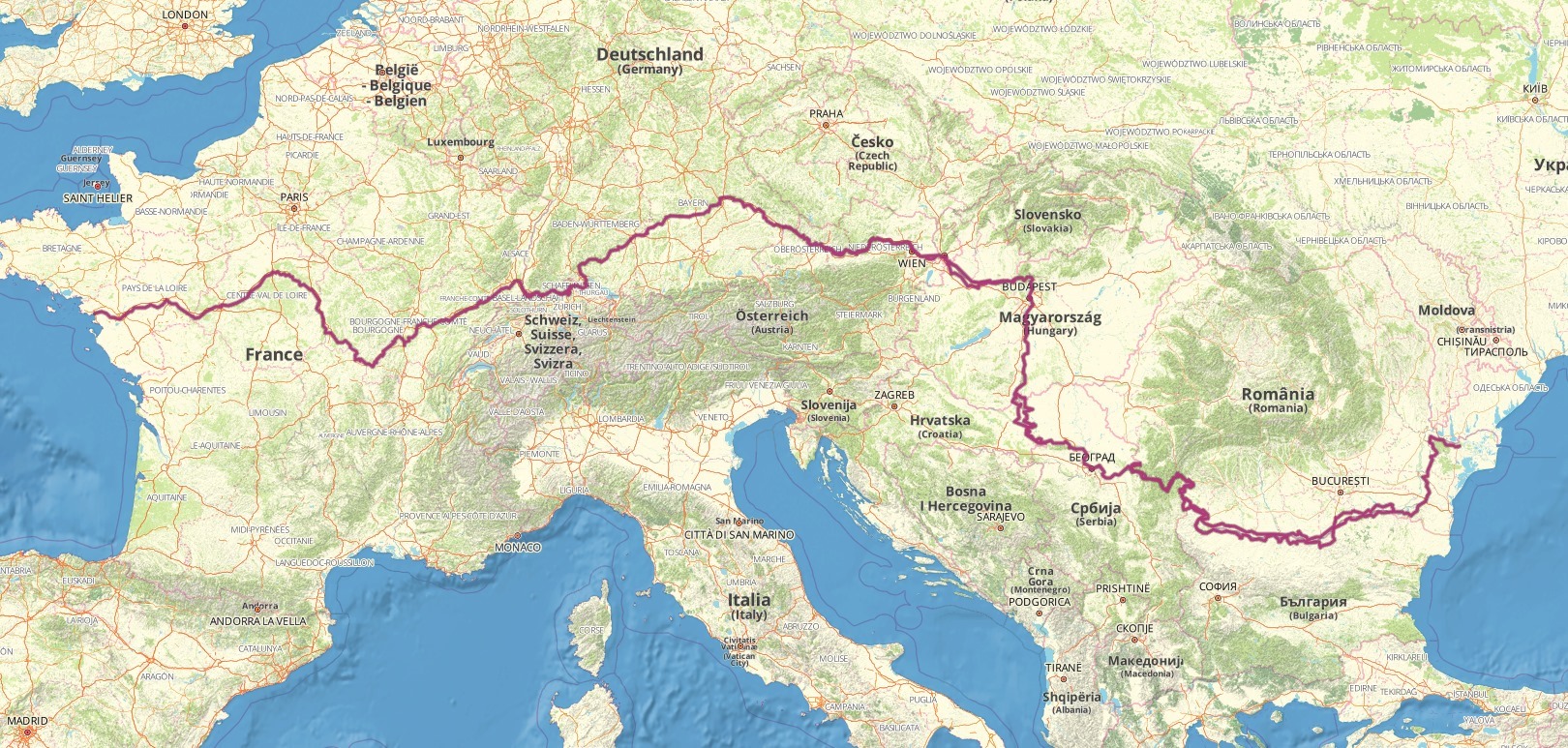 Carte de l'Europe retracent l'itinéraire de l'EuroVélo 6