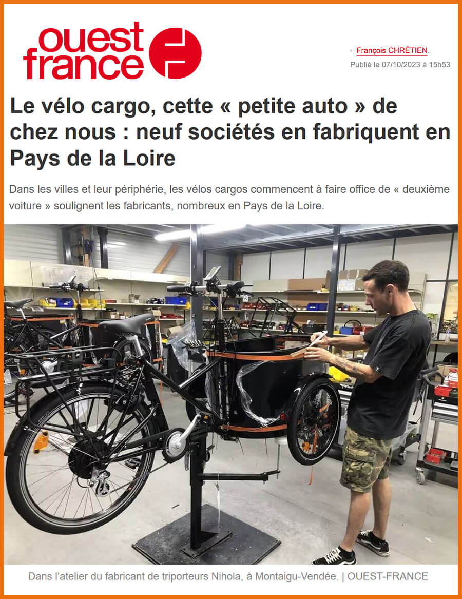 Dossier vélo cargo en Pays de Loire publiée dans Ouest-France (édition du 08/10/23)