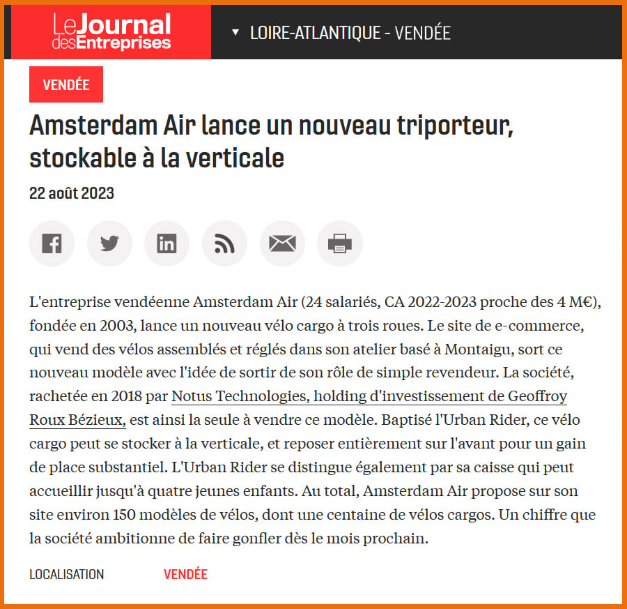 Article sur le Urban Rider dans le Journal des Entreprises