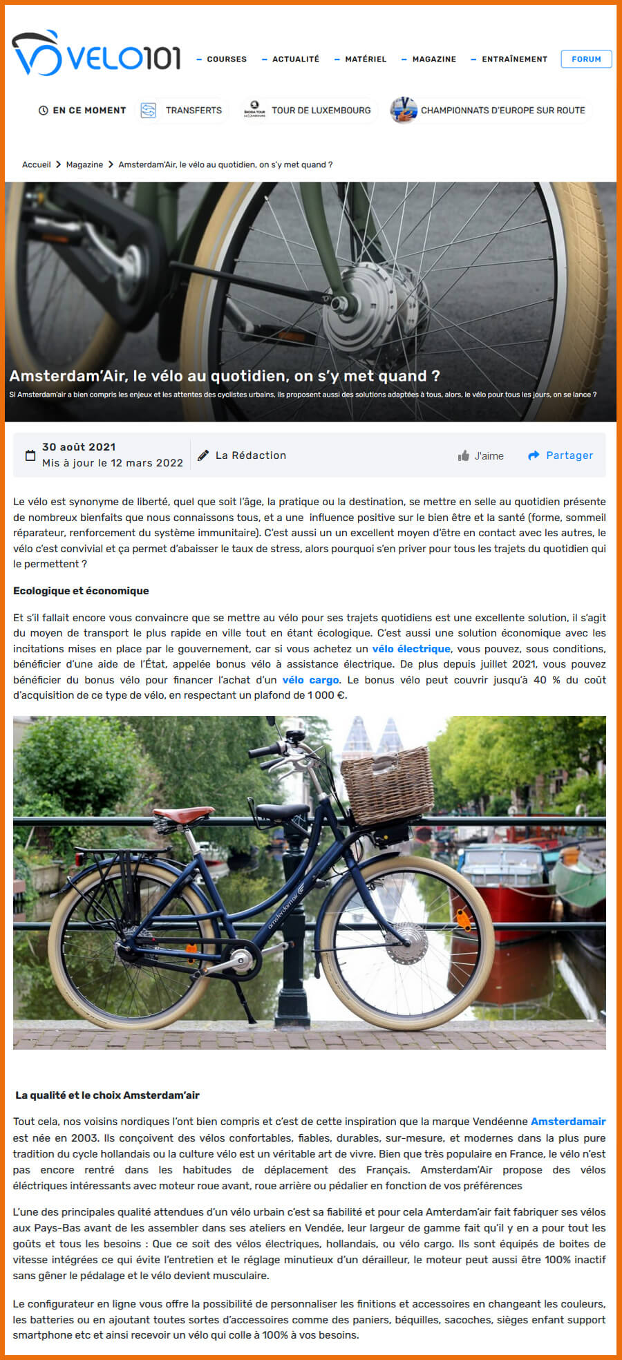 Article sur Amsterdam Air mis en ligne sur le site velo101.com