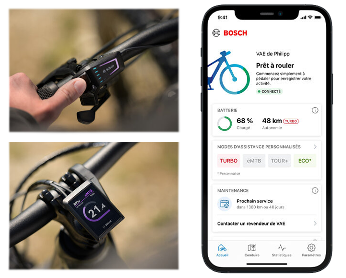 Console Kiox 300, LED Remote et application eBike Flow sur smartphone